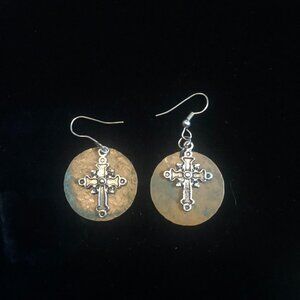 Handmade Vintage Style Cross Earrings – Mixed Metal Dangle Jewelry – Boho